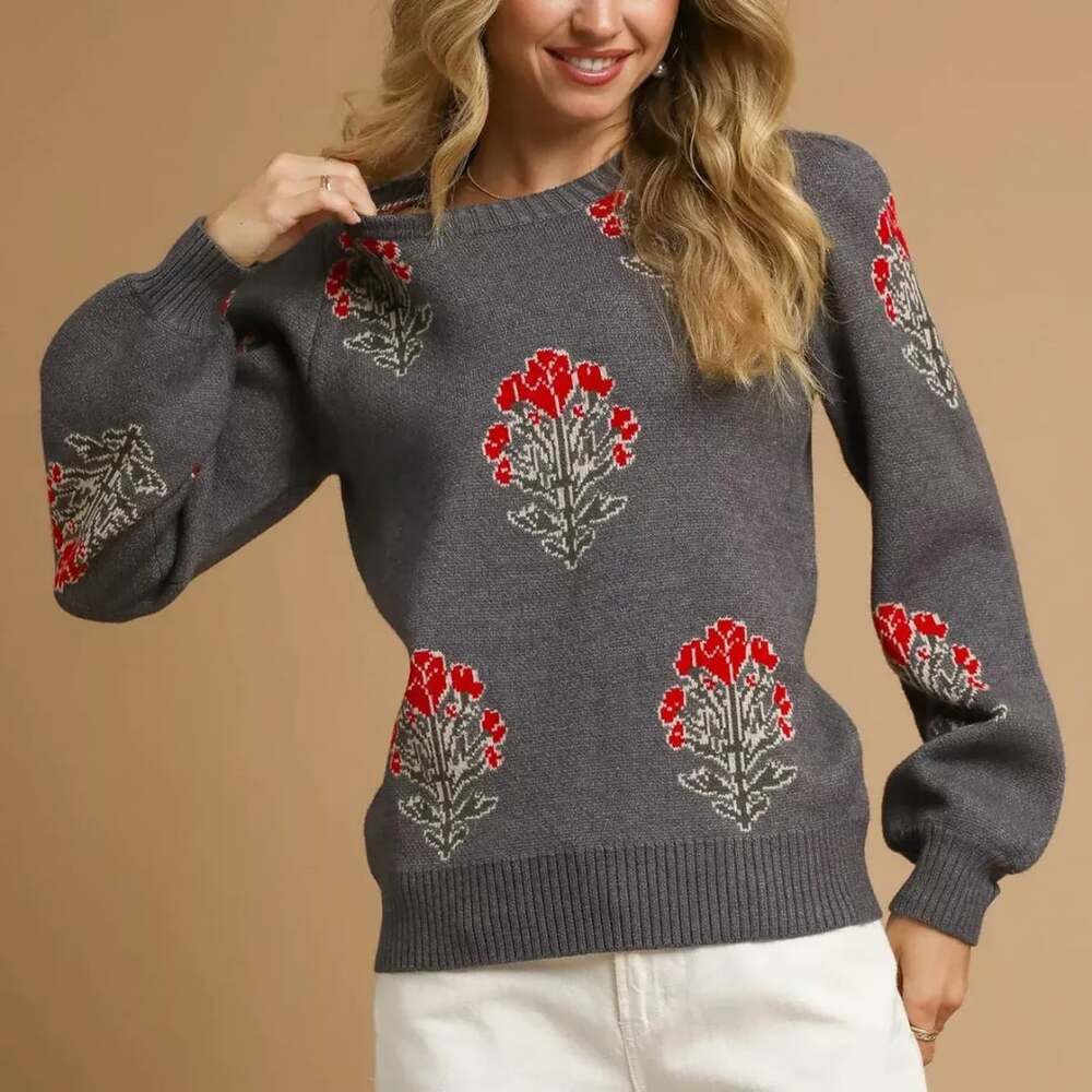 Umgee Single Flower Stem Jacquard Sweater